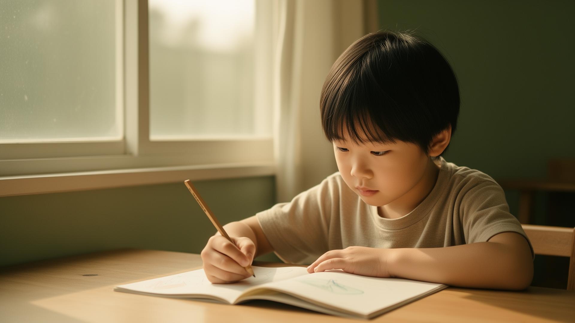 孩子安靜地專注書寫